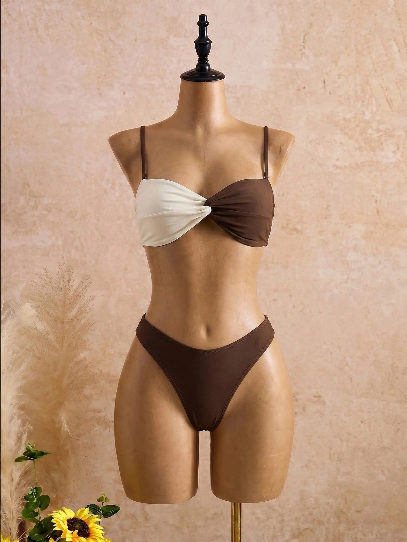 Sirith Women's Chocolate Brown Twist Bikini Top,Triangle Bottom & Mesh Maxi Skirt Swimwear Set,Summer Casual Beach Holiday Vacation Holiday Swimsuit Style