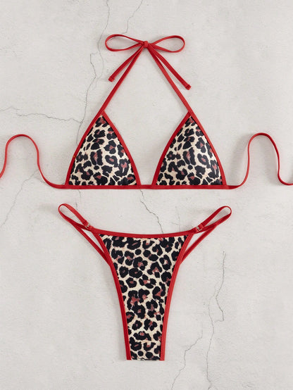 Sirith Women's Vacation Beach Leopard Print Contrast Trim Swimwear Set