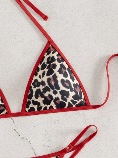 Sirith Women's Vacation Beach Leopard Print Contrast Trim Swimwear Set