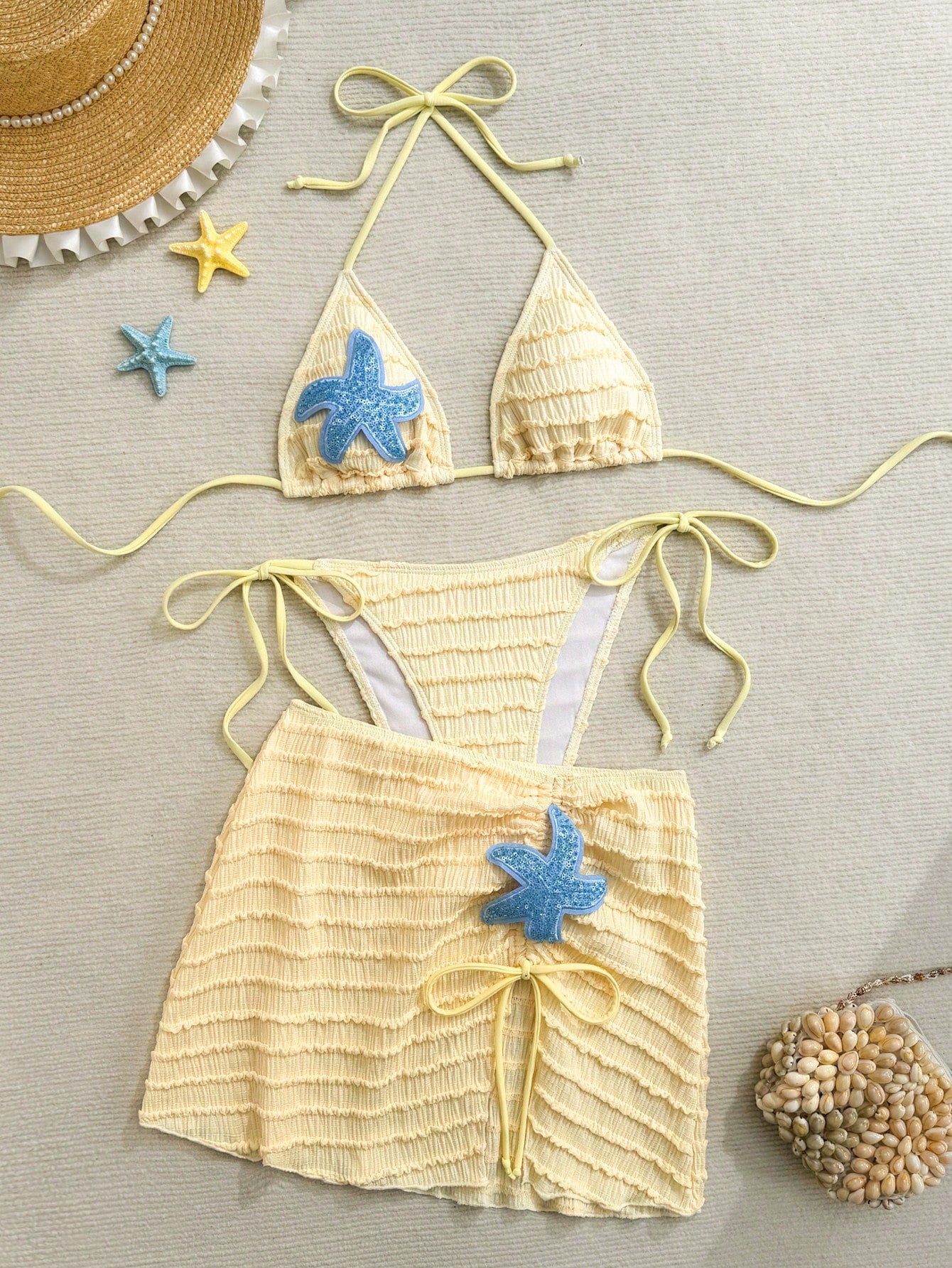 Sirith Women Yellow Summer Casual Holiday Vacation 3-Piece Bikini Set,Starfish Decor Textured Halter Neck Tie Top,Side Tie Pants & Pleated Skirt Bathing Suit