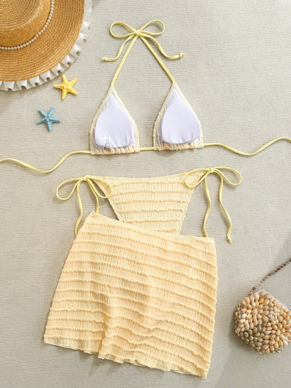Sirith Women Yellow Summer Casual Holiday Vacation 3-Piece Bikini Set,Starfish Decor Textured Halter Neck Tie Top,Side Tie Pants & Pleated Skirt Bathing Suit