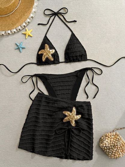 Sirith Women Yellow Summer Casual Holiday Vacation 3-Piece Bikini Set,Starfish Decor Textured Halter Neck Tie Top,Side Tie Pants & Pleated Skirt Bathing Suit