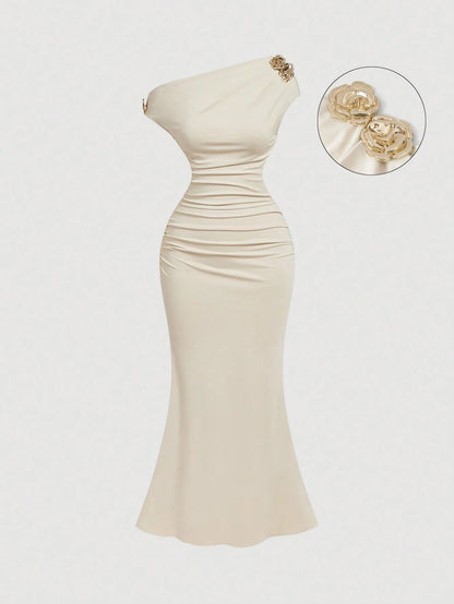 Skyraze Asymmetric One-Shoulder Mid-Length Dress White Summer Elegant Romantic Wedding Guest Bride Bachelorette Mother Of The Bride Women's Party Beach Prom