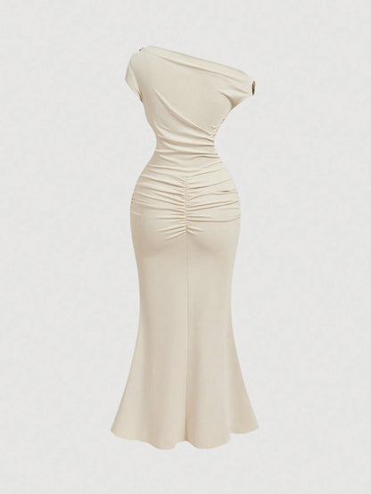 Skyraze Asymmetric One-Shoulder Mid-Length Dress White Summer Elegant Romantic Wedding Guest Bride Bachelorette Mother Of The Bride Women's Party Beach Prom