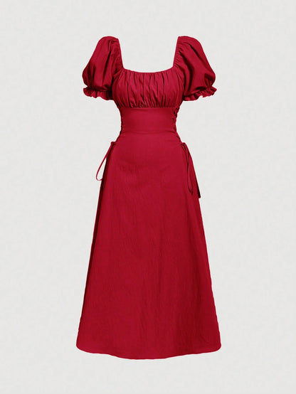 Skyraze Petal Sleeve Tie-Waist Mid-Length Yellow Dress,Red Dress,Summer Dresses For Women