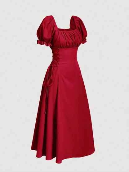 Skyraze Petal Sleeve Tie-Waist Mid-Length Yellow Dress,Red Dress,Summer Dresses For Women