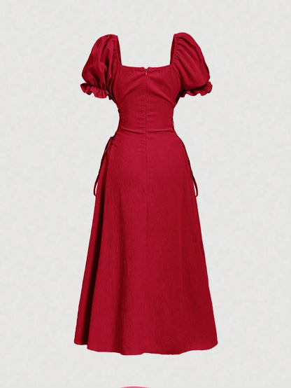 Skyraze Petal Sleeve Tie-Waist Mid-Length Yellow Dress,Red Dress,Summer Dresses For Women