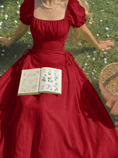 Skyraze Petal Sleeve Tie-Waist Mid-Length Yellow Dress,Red Dress,Summer Dresses For Women