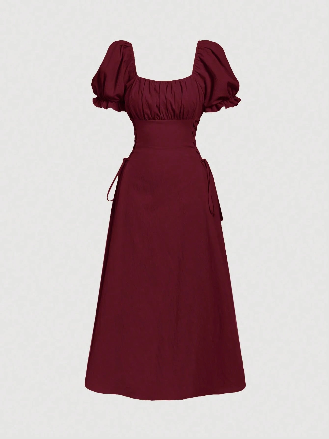 Skyraze Puff Sleeve Tie Waist Mid-Length Dress