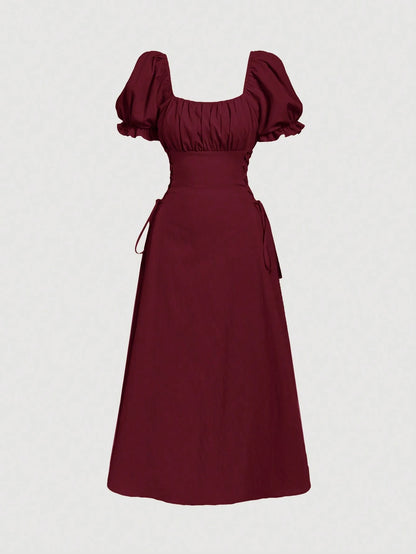 Skyraze Puff Sleeve Tie Waist Mid-Length Dress