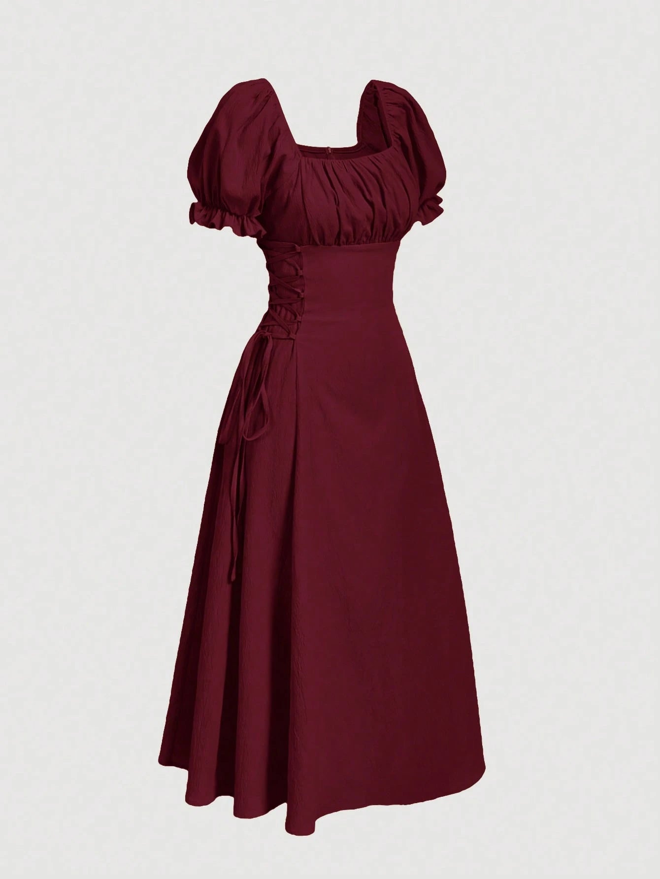 Skyraze Puff Sleeve Tie Waist Mid-Length Dress