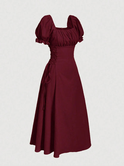 Skyraze Puff Sleeve Tie Waist Mid-Length Dress