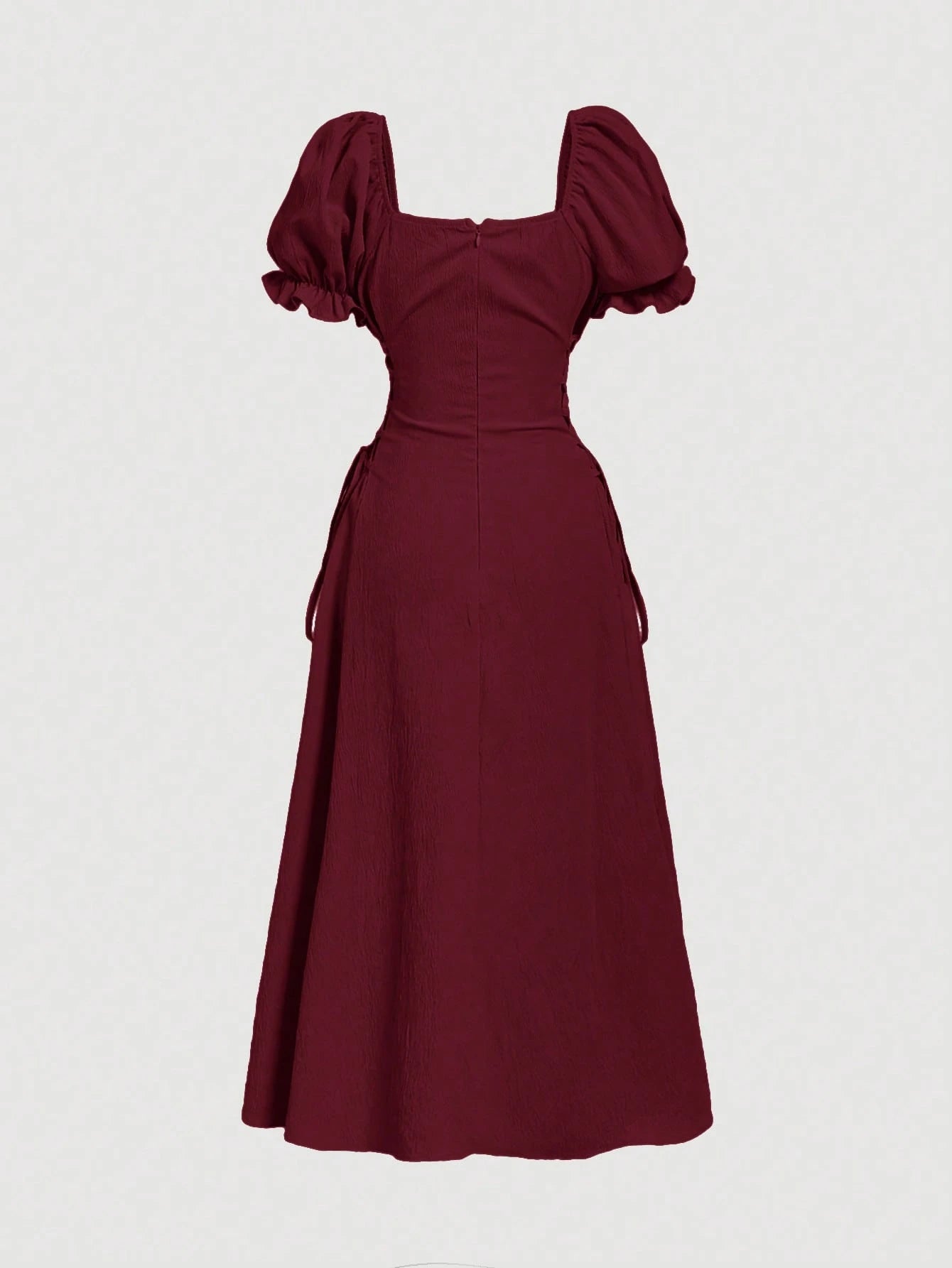 Skyraze Puff Sleeve Tie Waist Mid-Length Dress