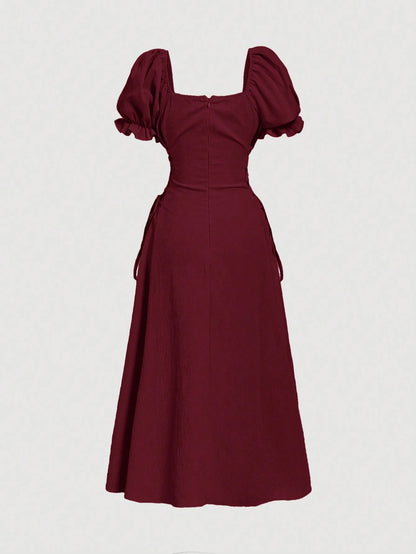 Skyraze Puff Sleeve Tie Waist Mid-Length Dress