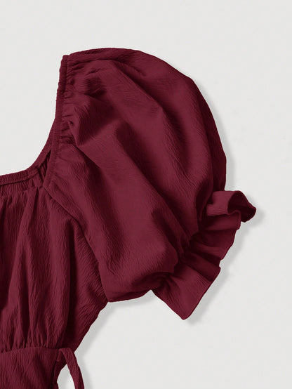 Skyraze Puff Sleeve Tie Waist Mid-Length Dress