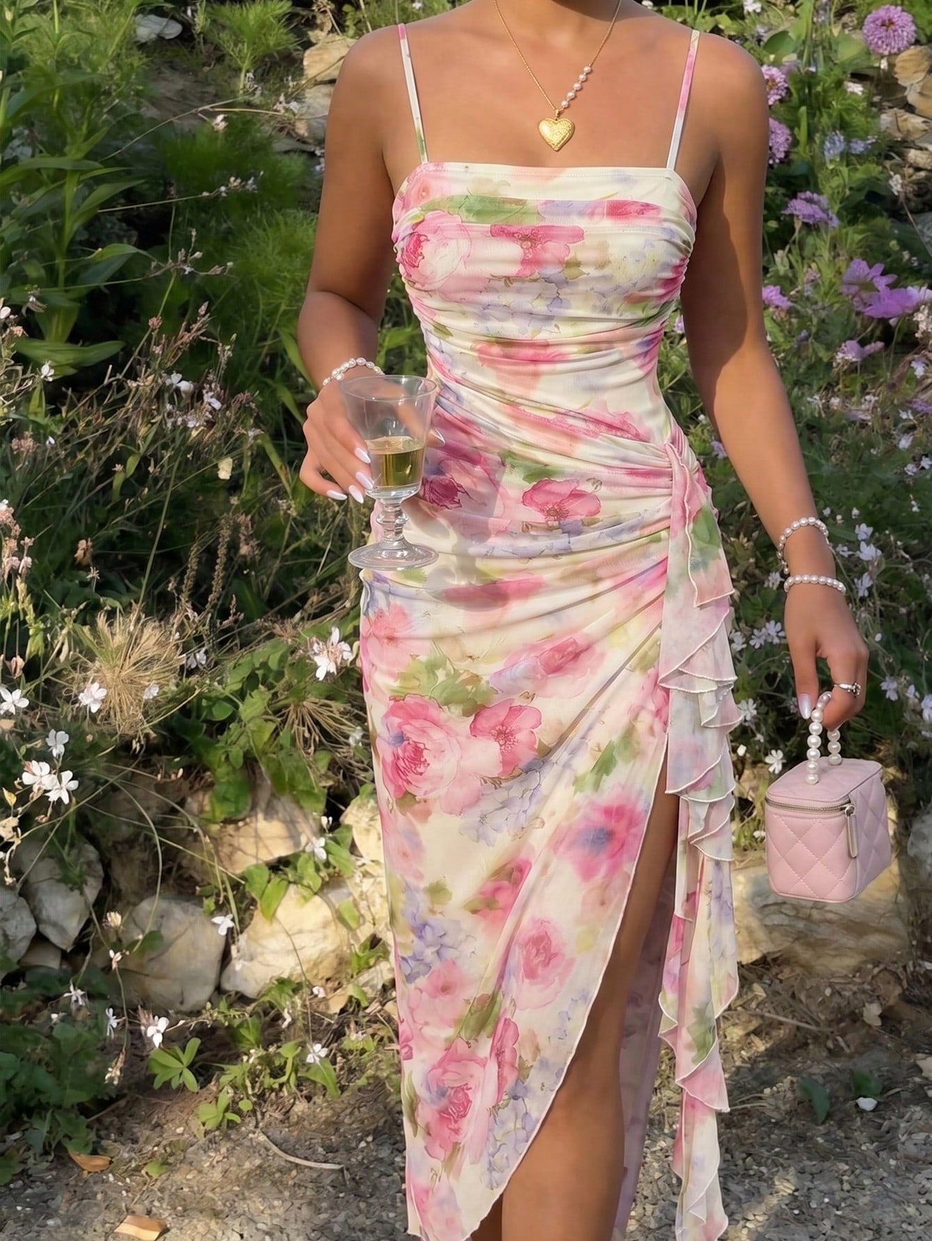 Skyraze Women's Elegant Cottage Tropical White And Blue Floral Print Ruffle Hem Fitted Midi Slip Dress Cottage Core Summer Wedding Garden Party Tea Party