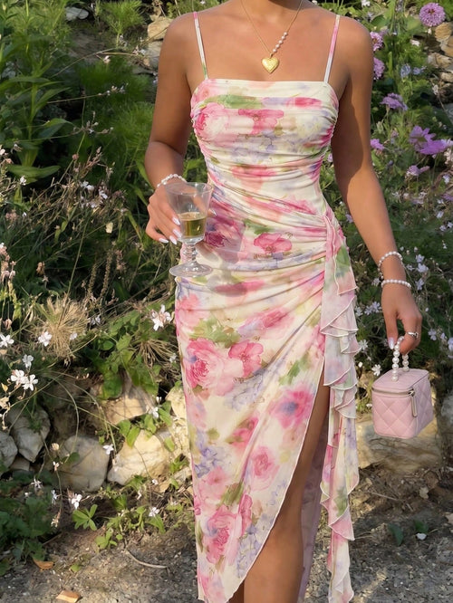 Skyraze Women's Elegant Cottage Tropical White And Blue Floral Print Ruffle Hem Fitted Midi Slip Dress Cottage Core Summer Wedding Garden Party Tea Party