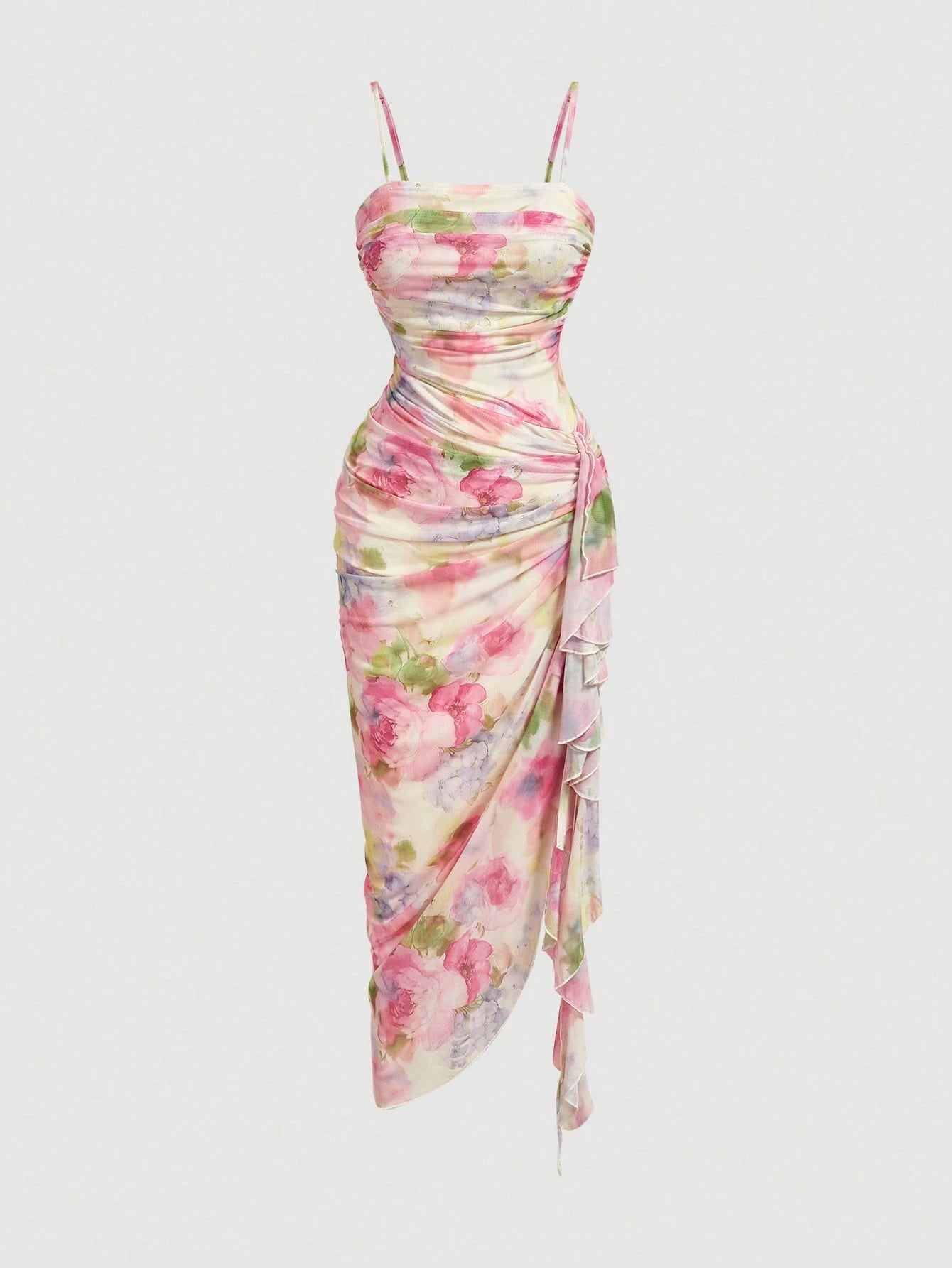 Skyraze Women's Elegant Cottage Tropical White And Blue Floral Print Ruffle Hem Fitted Midi Slip Dress Cottage Core Summer Wedding Garden Party Tea Party