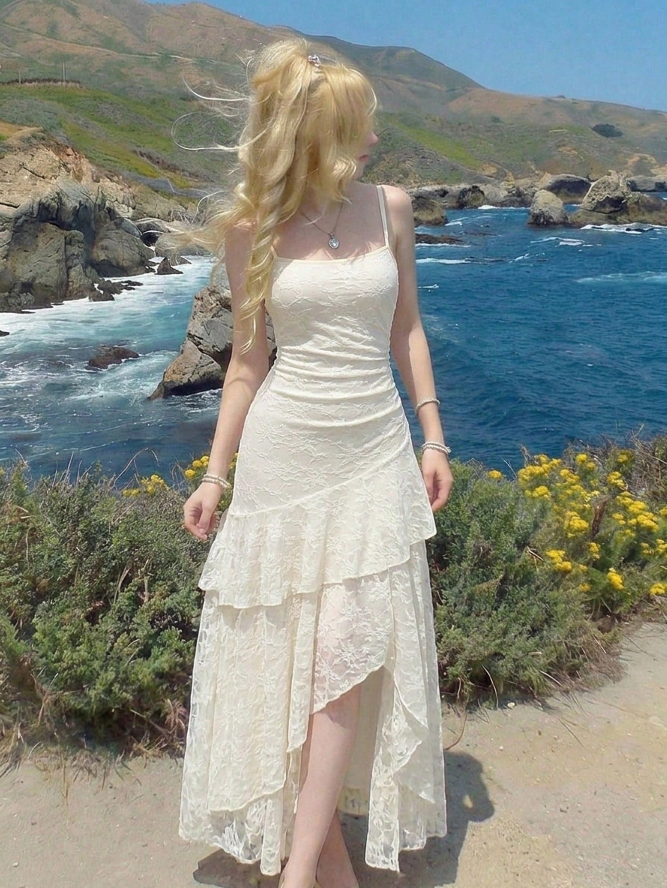 Skyraze Women's Elegant Fairy Cream White Summer Jacquard Ruffle Hem Pleated Cami Dress,Lace Midi For Wedding Guest Beach Vacation,Party Country Concert