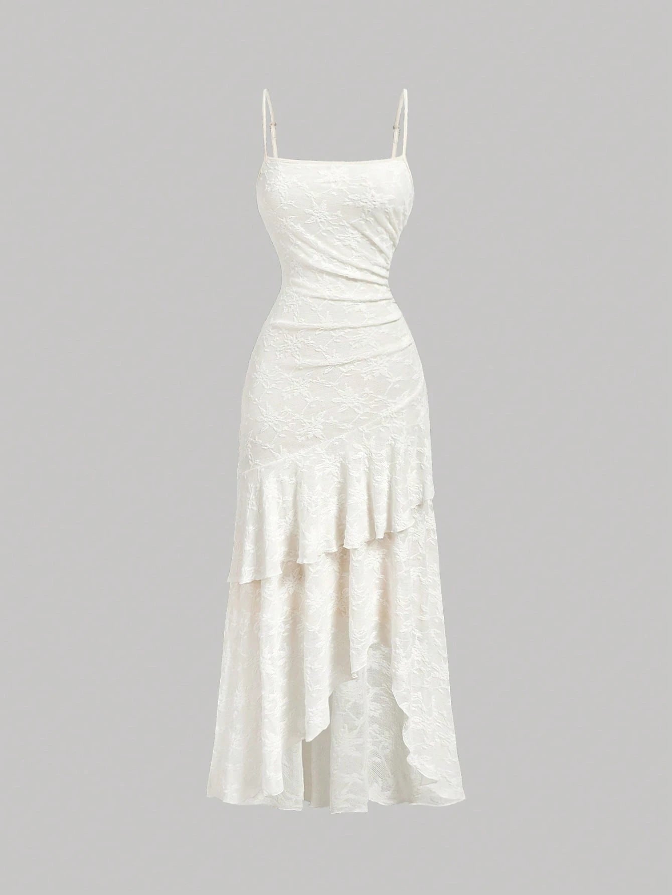 Skyraze Women's Elegant Fairy Cream White Summer Jacquard Ruffle Hem Pleated Cami Dress,Lace Midi For Wedding Guest Beach Vacation,Party Country Concert