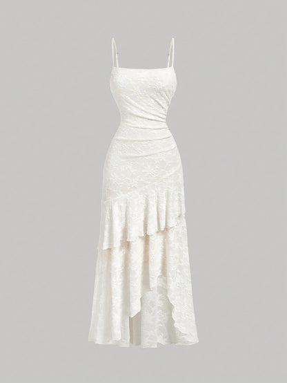 Skyraze Women's Elegant Fairy Cream White Summer Jacquard Ruffle Hem Pleated Cami Dress,Lace Midi For Wedding Guest Beach Vacation,Party Country Concert