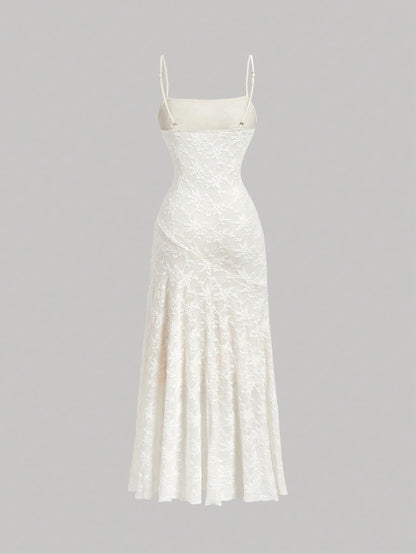 Skyraze Women's Elegant Fairy Cream White Summer Jacquard Ruffle Hem Pleated Cami Dress,Lace Midi For Wedding Guest Beach Vacation,Party Country Concert