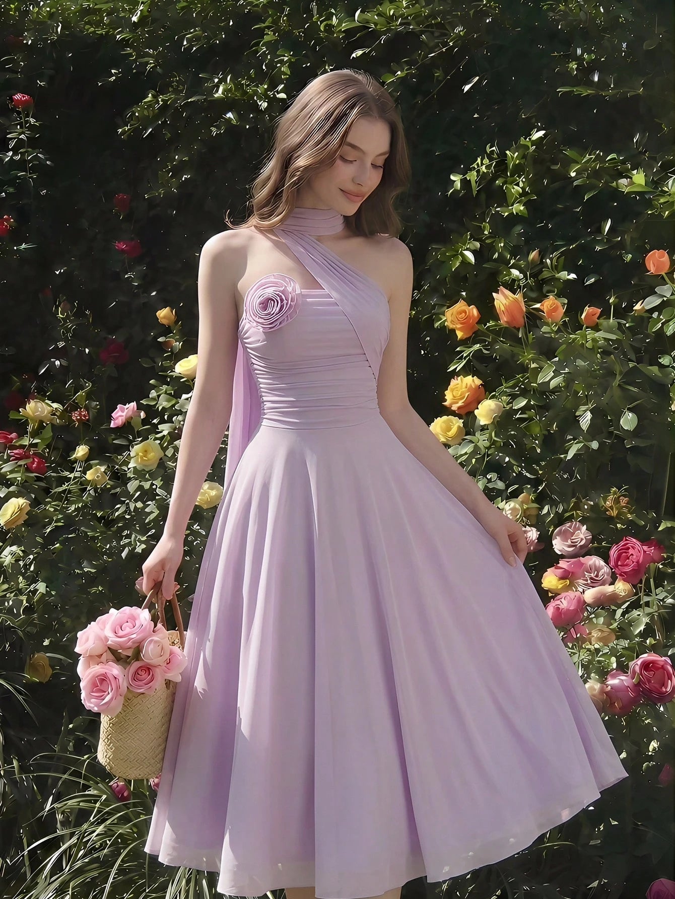 Skyraze Women's Elegant Romantic Pastal Summer Garden Party Holiday Golf Dress, One Shoulder Ruched Bodice With 3D Floral Applique, Flowy A-Line Lavender