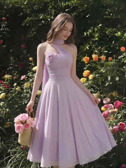 Skyraze Women's Elegant Romantic Pastal Summer Garden Party Holiday Golf Dress, One Shoulder Ruched Bodice With 3D Floral Applique, Flowy A-Line Lavender