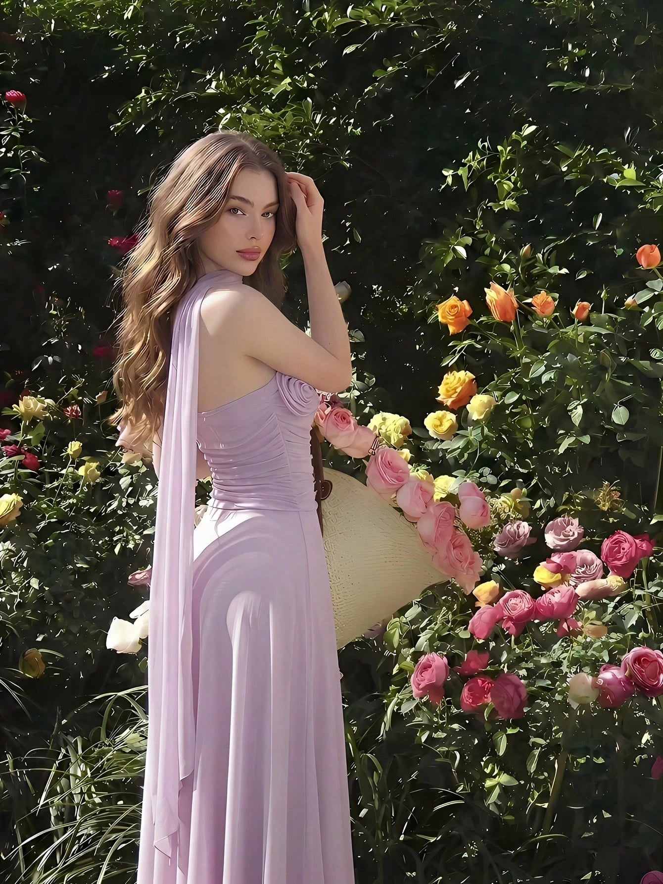 Skyraze Women's Elegant Romantic Pastal Summer Garden Party Holiday Golf Dress, One Shoulder Ruched Bodice With 3D Floral Applique, Flowy A-Line Lavender
