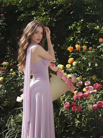 Skyraze Women's Elegant Romantic Pastal Summer Garden Party Holiday Golf Dress, One Shoulder Ruched Bodice With 3D Floral Applique, Flowy A-Line Lavender