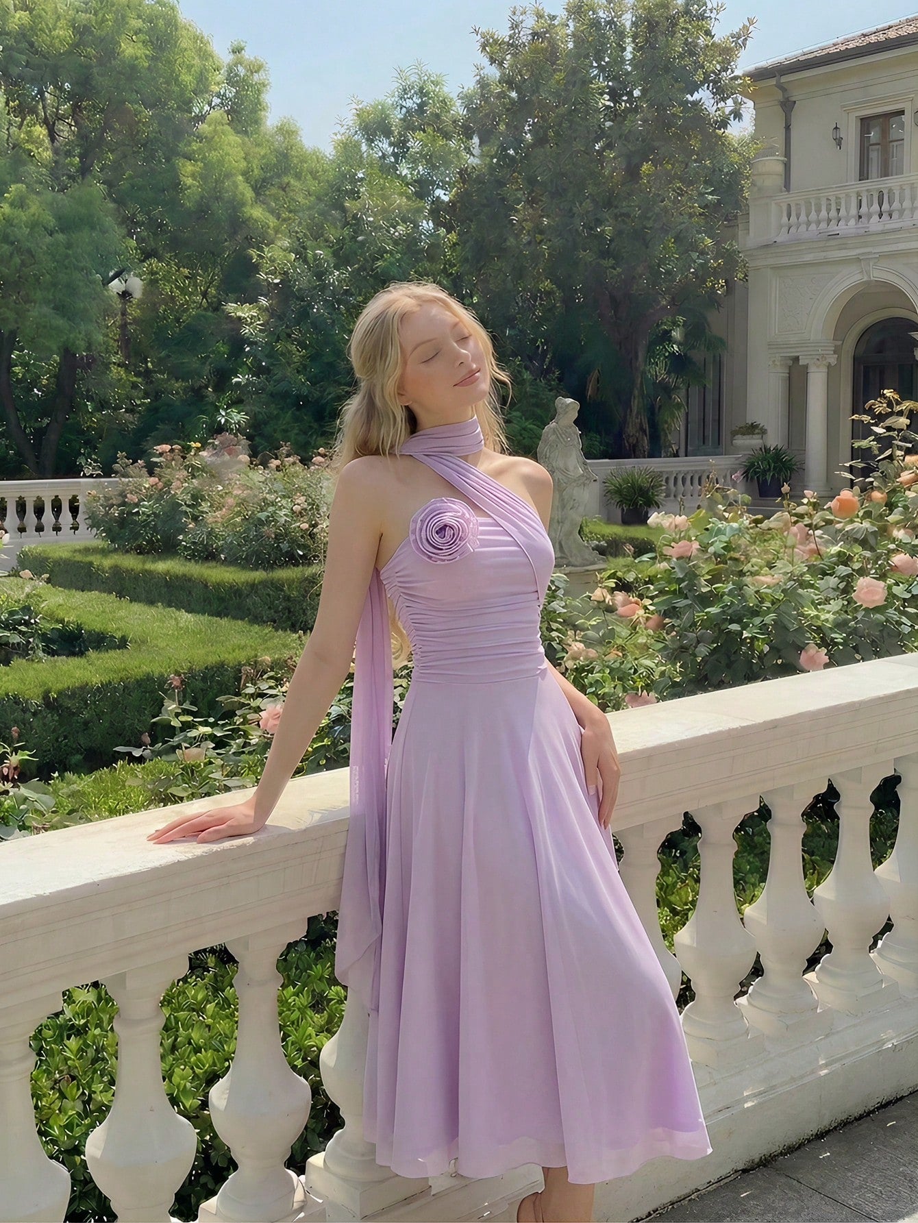 Skyraze Women's Elegant Romantic Pastal Summer Garden Party Holiday Golf Dress, One Shoulder Ruched Bodice With 3D Floral Applique, Flowy A-Line Lavender