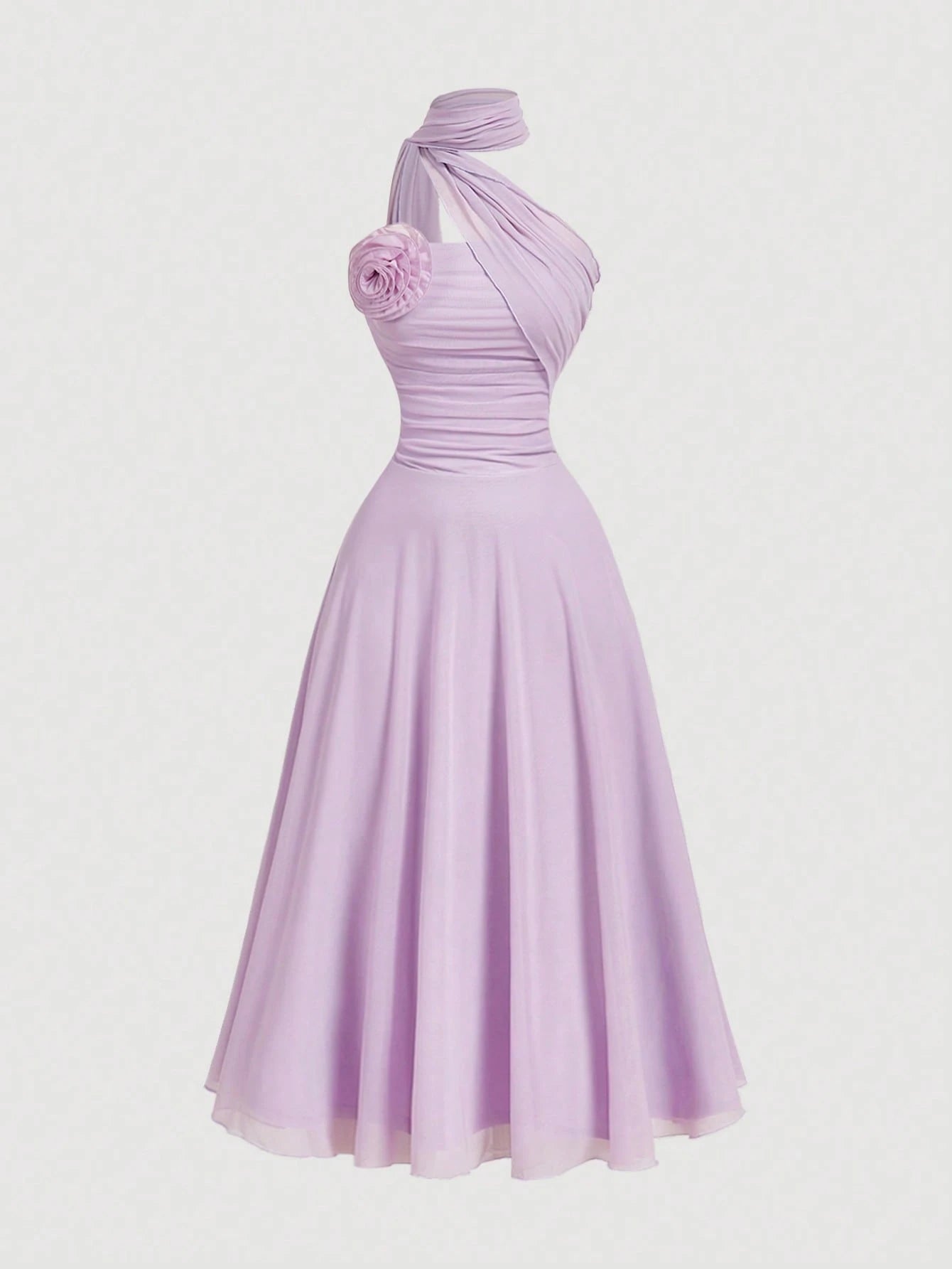 Skyraze Women's Elegant Romantic Pastal Summer Garden Party Holiday Golf Dress, One Shoulder Ruched Bodice With 3D Floral Applique, Flowy A-Line Lavender