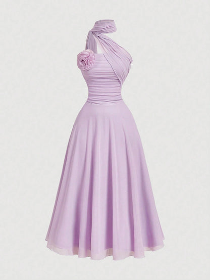 Skyraze Women's Elegant Romantic Pastal Summer Garden Party Holiday Golf Dress, One Shoulder Ruched Bodice With 3D Floral Applique, Flowy A-Line Lavender