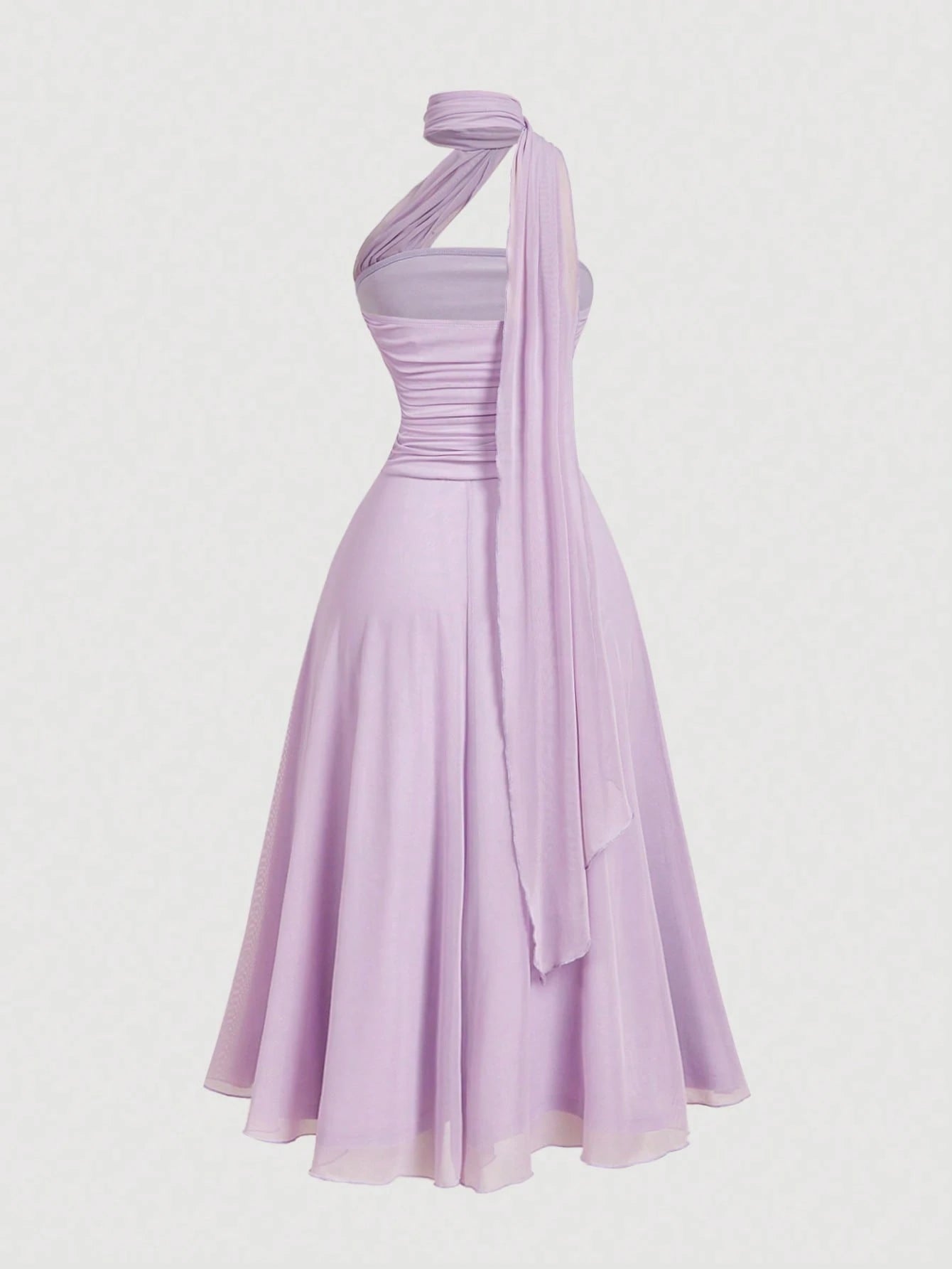 Skyraze Women's Elegant Romantic Pastal Summer Garden Party Holiday Golf Dress, One Shoulder Ruched Bodice With 3D Floral Applique, Flowy A-Line Lavender