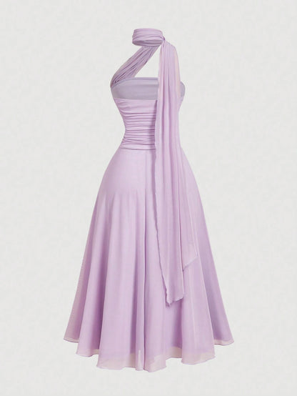 Skyraze Women's Elegant Romantic Pastal Summer Garden Party Holiday Golf Dress, One Shoulder Ruched Bodice With 3D Floral Applique, Flowy A-Line Lavender