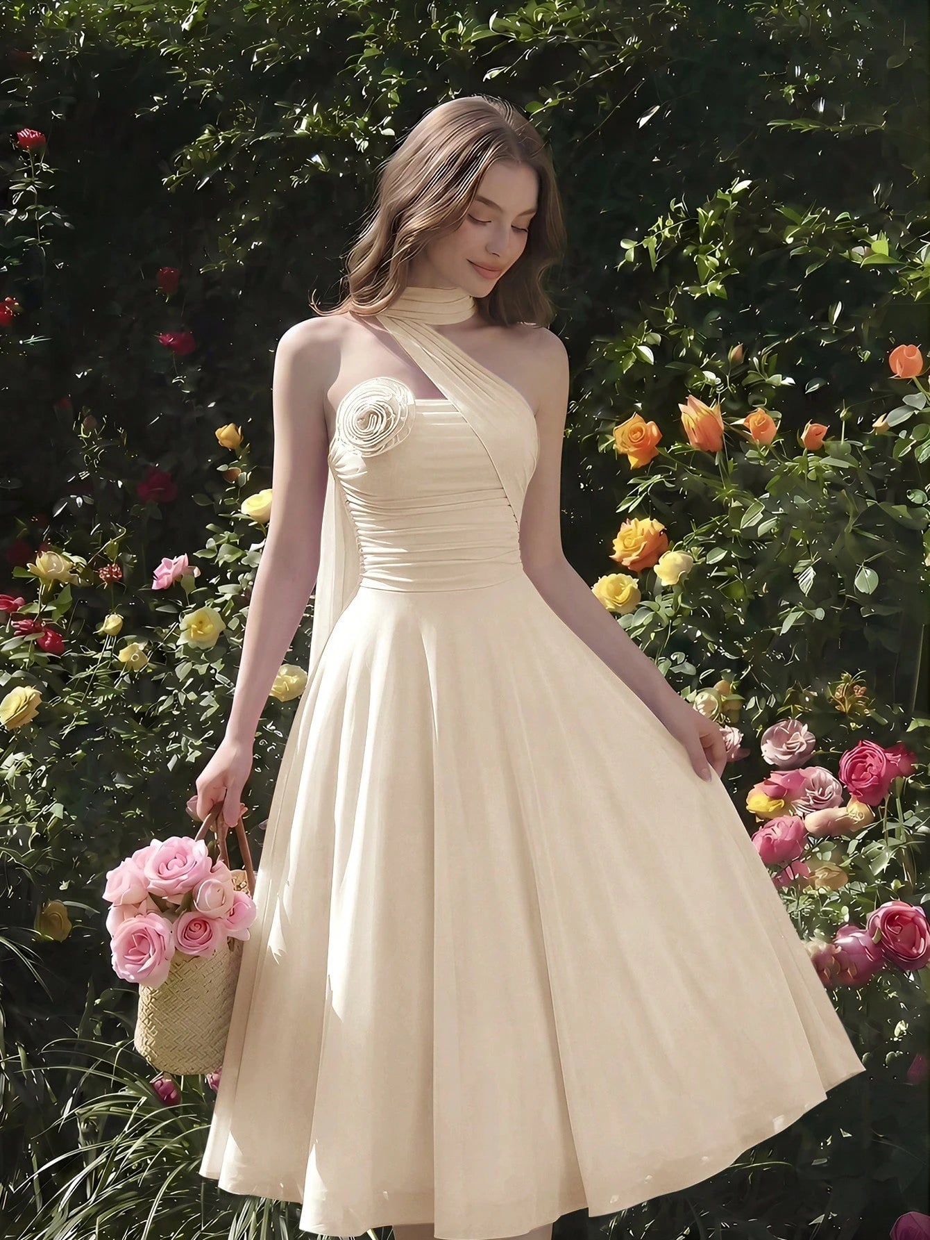 Skyraze Women's Elegant Romantic Pastal Summer Garden Party Holiday Golf Dress, One Shoulder Ruched Bodice With 3D Floral Applique, Flowy A-Line Lavender