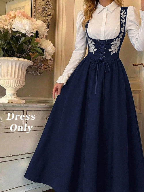 Skyraze Women's Floral Embroidered Drawstring Tie Oktoberfest Dress Garden Party Navy Blue Floral Summer Cottage Core