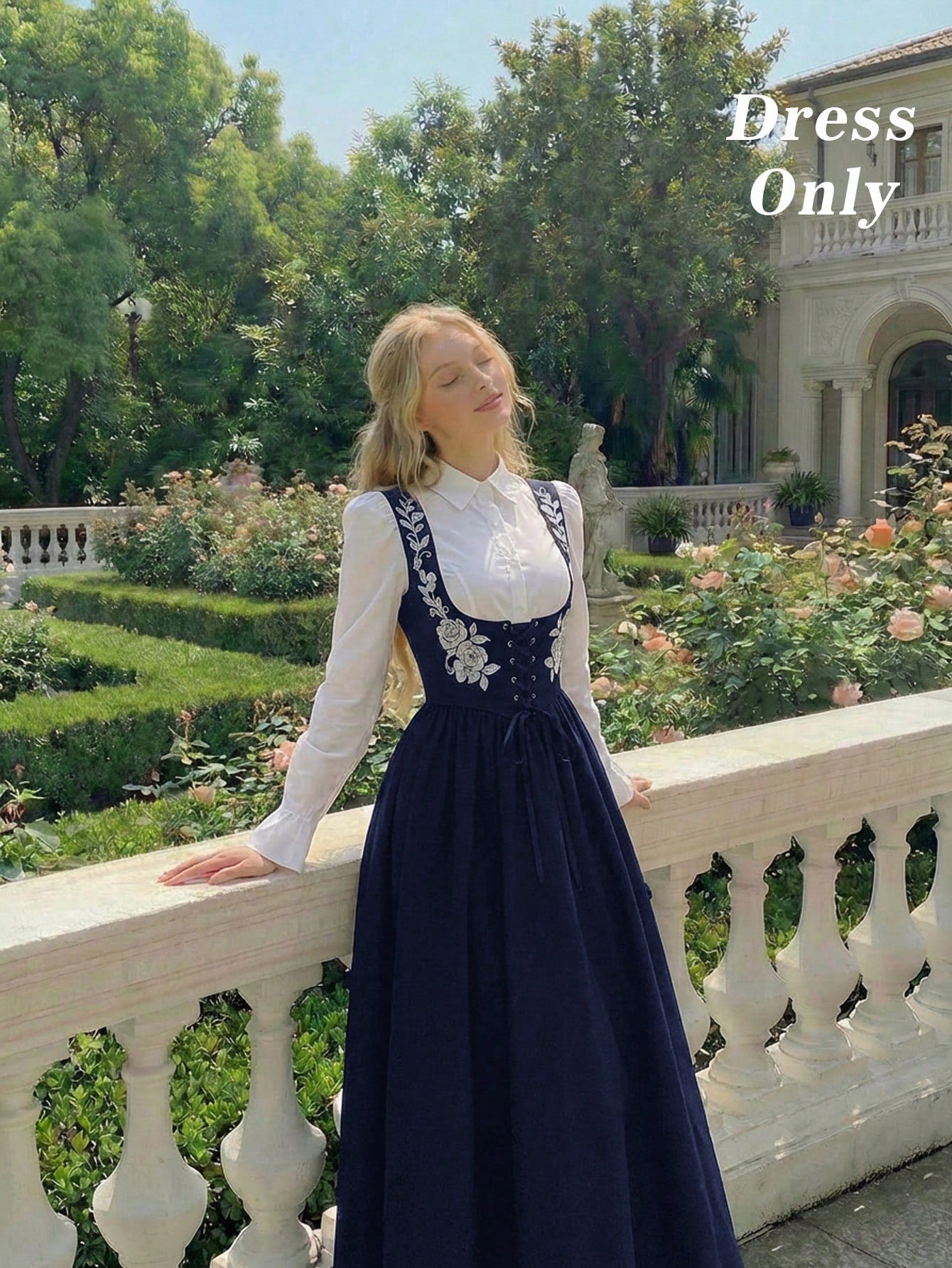 Skyraze Women's Floral Embroidered Drawstring Tie Oktoberfest Dress Garden Party Navy Blue Floral Summer Cottage Core