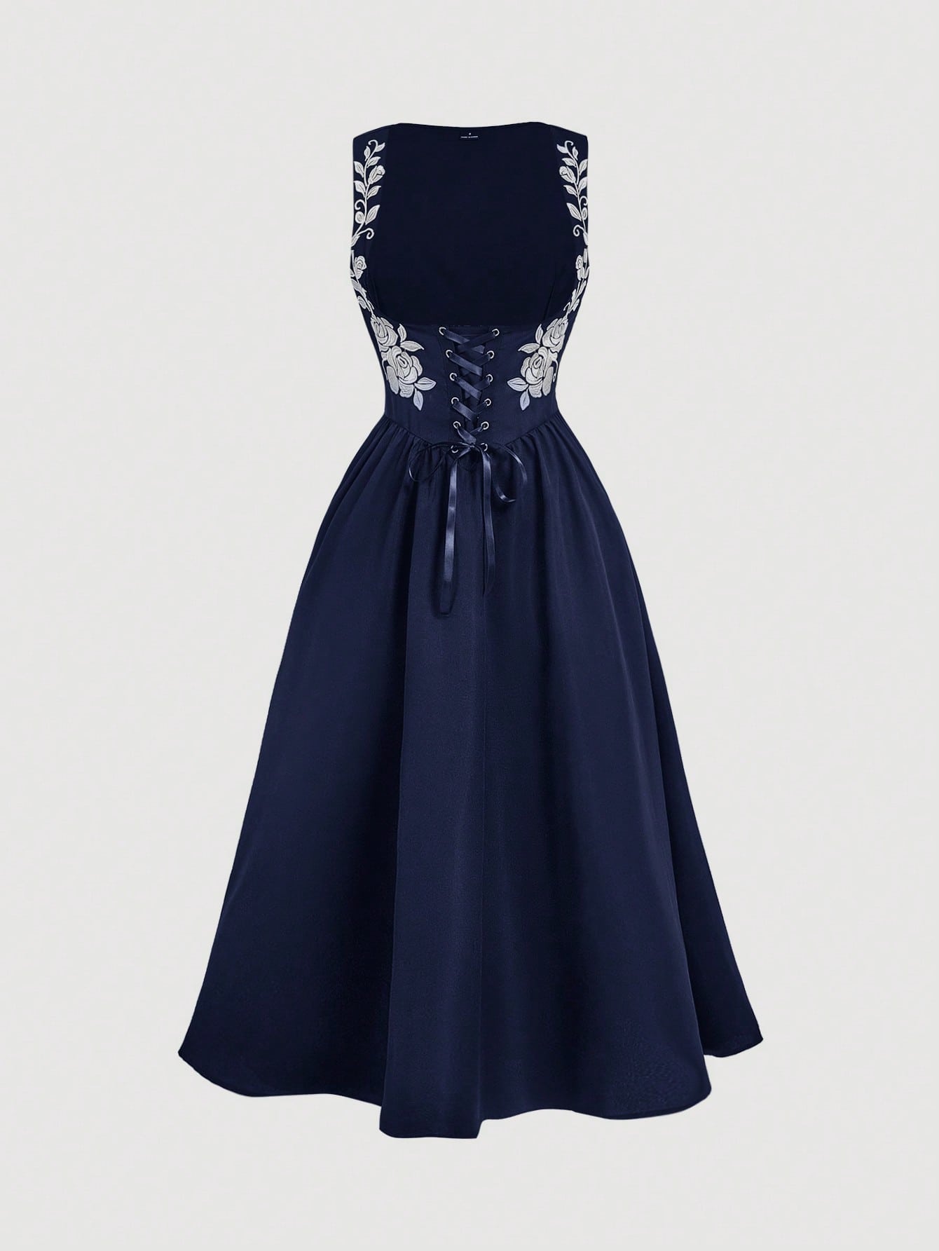 Skyraze Women's Floral Embroidered Drawstring Tie Oktoberfest Dress Garden Party Navy Blue Floral Summer Cottage Core
