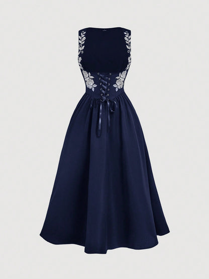 Skyraze Women's Floral Embroidered Drawstring Tie Oktoberfest Dress Garden Party Navy Blue Floral Summer Cottage Core