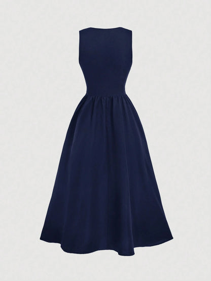 Skyraze Women's Floral Embroidered Drawstring Tie Oktoberfest Dress Garden Party Navy Blue Floral Summer Cottage Core