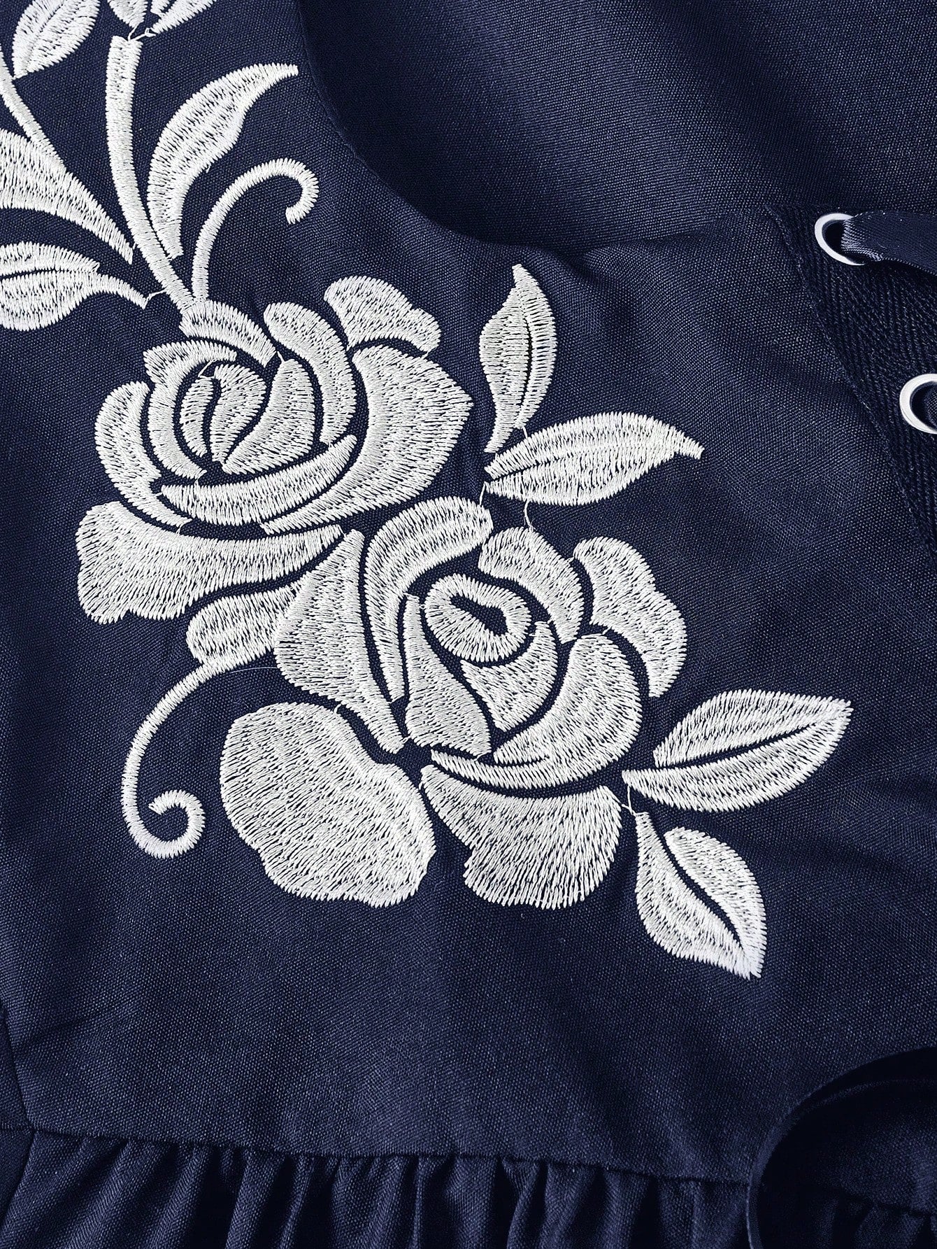 Skyraze Women's Floral Embroidered Drawstring Tie Oktoberfest Dress Garden Party Navy Blue Floral Summer Cottage Core