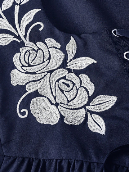 Skyraze Women's Floral Embroidered Drawstring Tie Oktoberfest Dress Garden Party Navy Blue Floral Summer Cottage Core