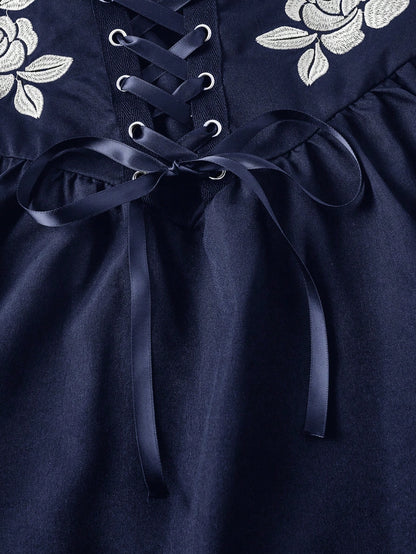 Skyraze Women's Floral Embroidered Drawstring Tie Oktoberfest Dress Garden Party Navy Blue Floral Summer Cottage Core