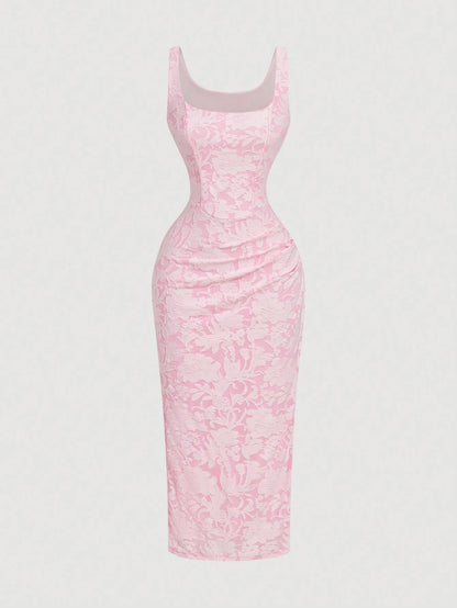 Skyraze Women's Pink Elegant Summer Jacquard Pleated Midi Dress,French Style Cottagecore Brunch Outfits,Vintage Milkmaid Tea Party Wedding Guest Prom Dress