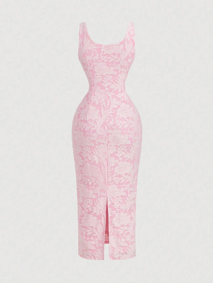 Skyraze Women's Pink Elegant Summer Jacquard Pleated Midi Dress,French Style Cottagecore Brunch Outfits,Vintage Milkmaid Tea Party Wedding Guest Prom Dress