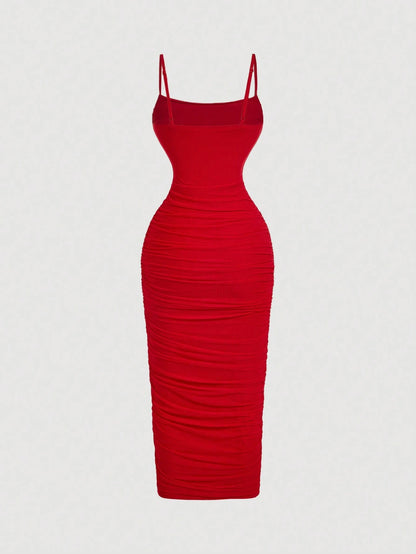Skyraze Women's Red Mesh Camisole Dress,Slim Fit Bodycon,Elegant Sexy Wedding Birthday Guest,Cottagecore Girly Party Style,Summer Vacation Outfits,Tea Outfit