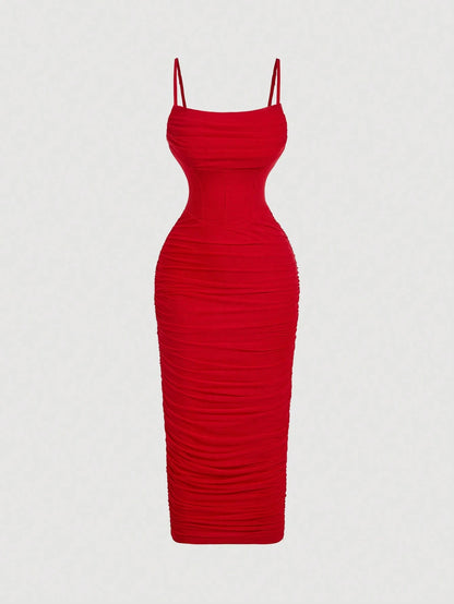 Skyraze Women's Red Mesh Camisole Dress,Slim Fit Bodycon,Elegant Sexy Wedding Birthday Guest,Cottagecore Girly Party Style,Summer Vacation Outfits,Tea Outfit