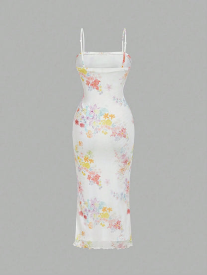Skyraze Women's White Floral Summer Elegant Sexy Tropical Brunch Vacation Midi Slip Dress,Fitted Bodycon Long Party Dresses, Slim Fit Beach,Date,Picnic,Prom