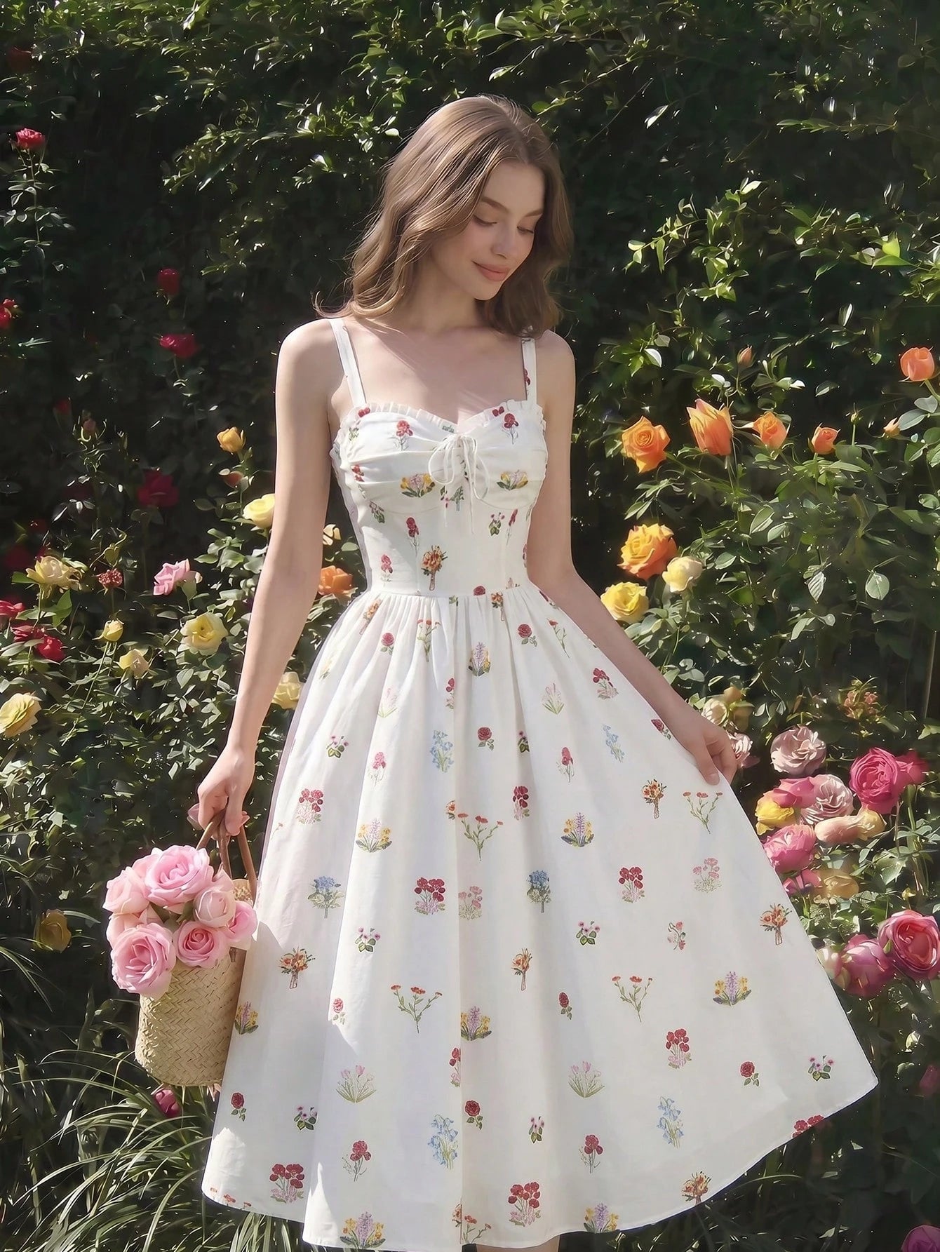 Skyraze Women's White Floral Summer Modest Tropical Picnic Vacation Dress, Tie-Front Ruched Waist Chic Spaghetti Strap A Line Midi Elegant Party Graduation